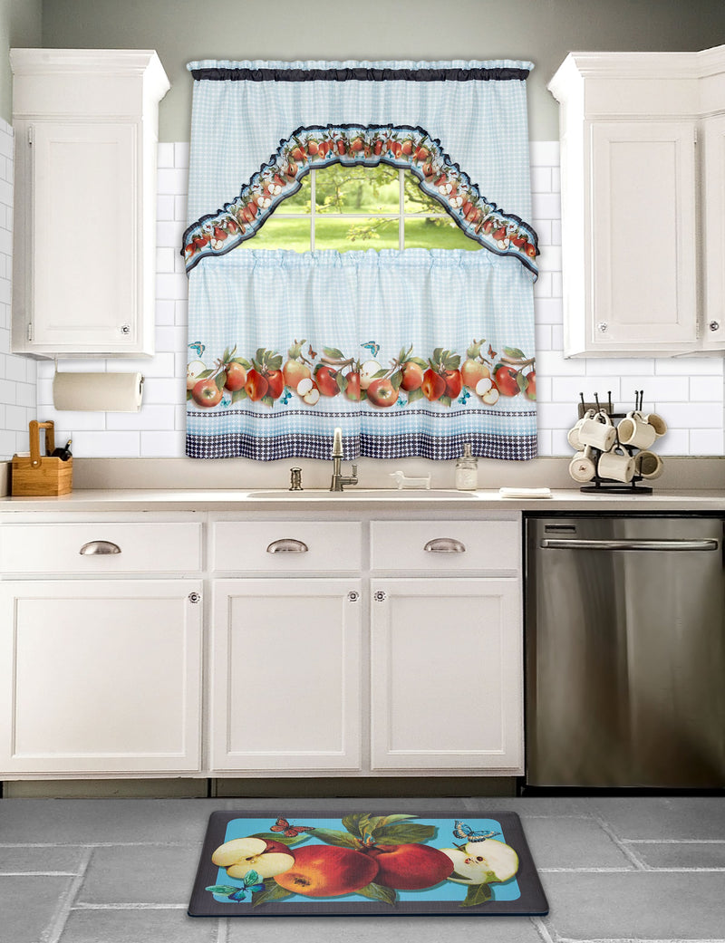 Golden Delicious Printed Tier and Swag Kitchen Curtain Set, 57x24 Inches, Ice Blue