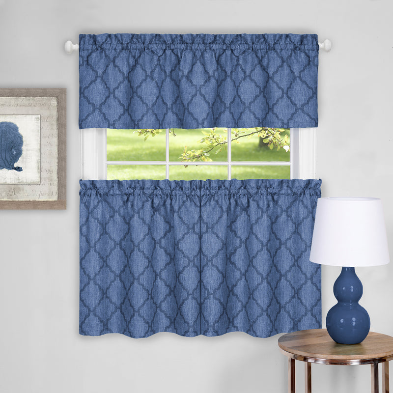 Colby 3-Piece Printed Kitchen Curtain Set, Blue, Tiers 58x36, Swag 58x14 Inches