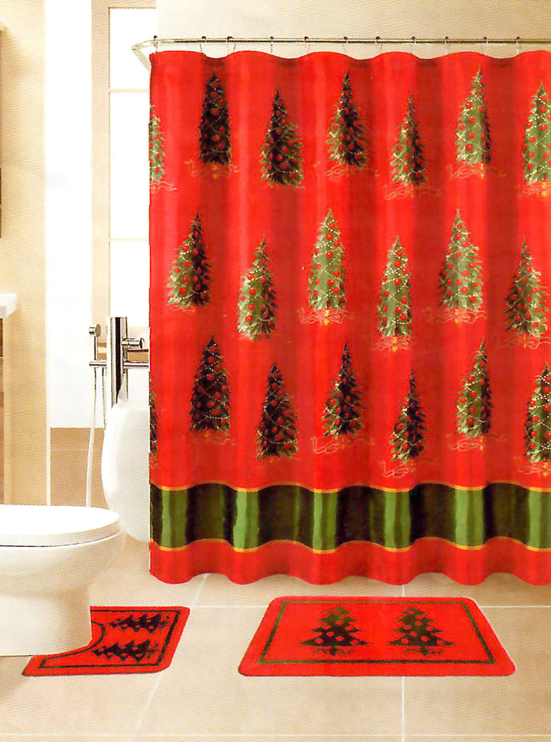 Christmas Tree 15-Pieces Rug Bath Set with Hooks, Red-Green, 70x70 Inches