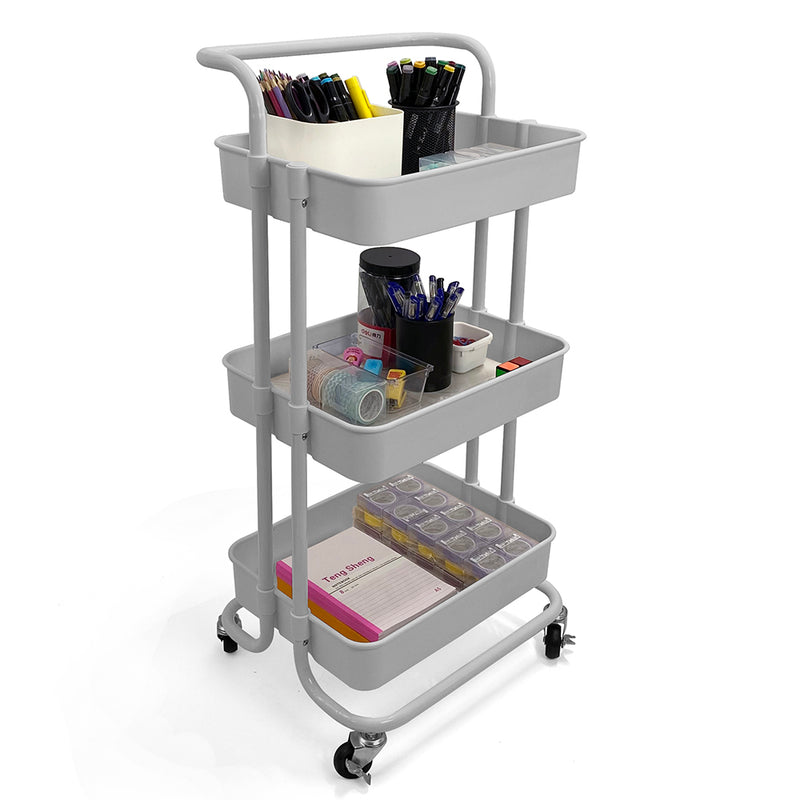 Home Basics 3 Tier Steel Rolling Utility Cart with 2 Locking Wheels, Grey