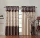 Violette Embroidered Rod Pocket Window Panel With Valance and Backing, Gold-Chocolate, 55x90 Inches