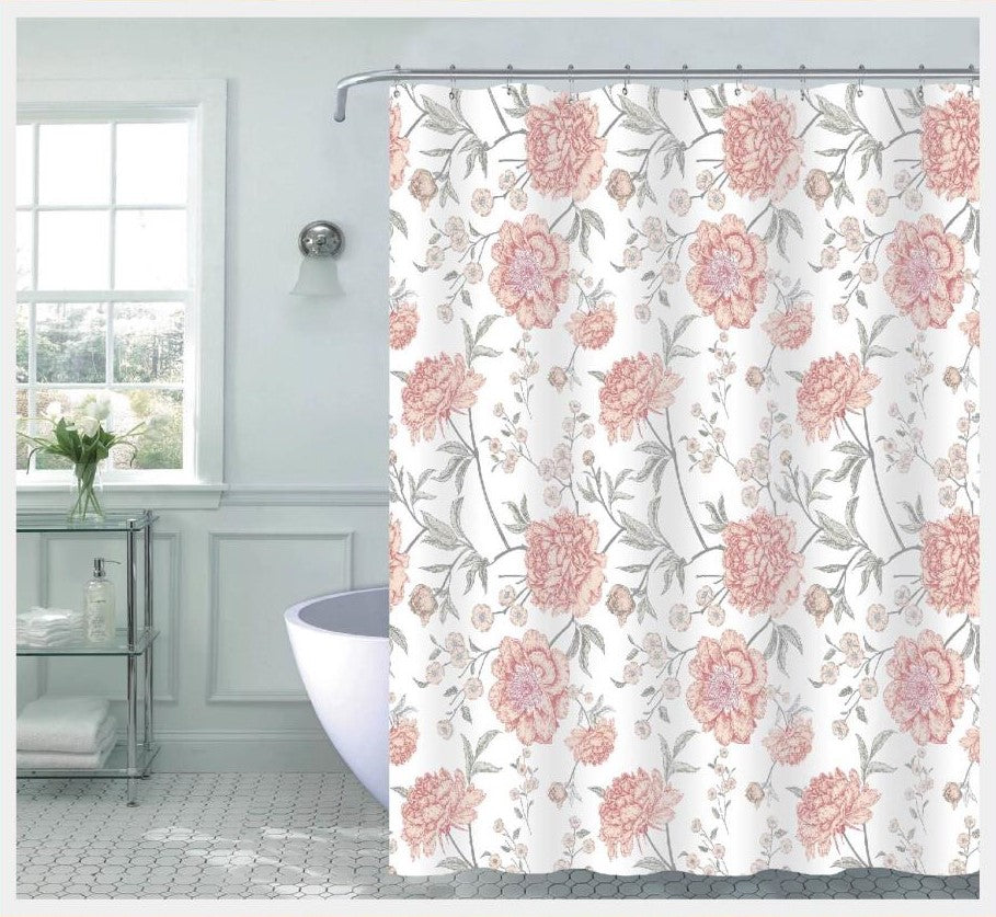 Elsa Flower Shower Curtain, 12 Metal Hooks With Shower Liner Set