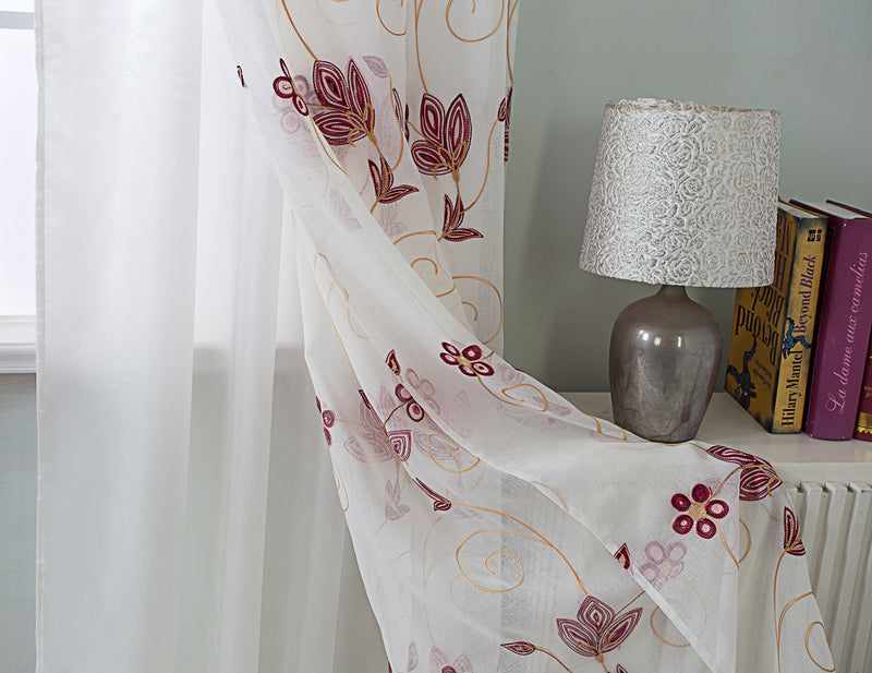 Vittoria Floral Embroidered Double Panel With Attached Valance, Burgundy, 54x84 Inches