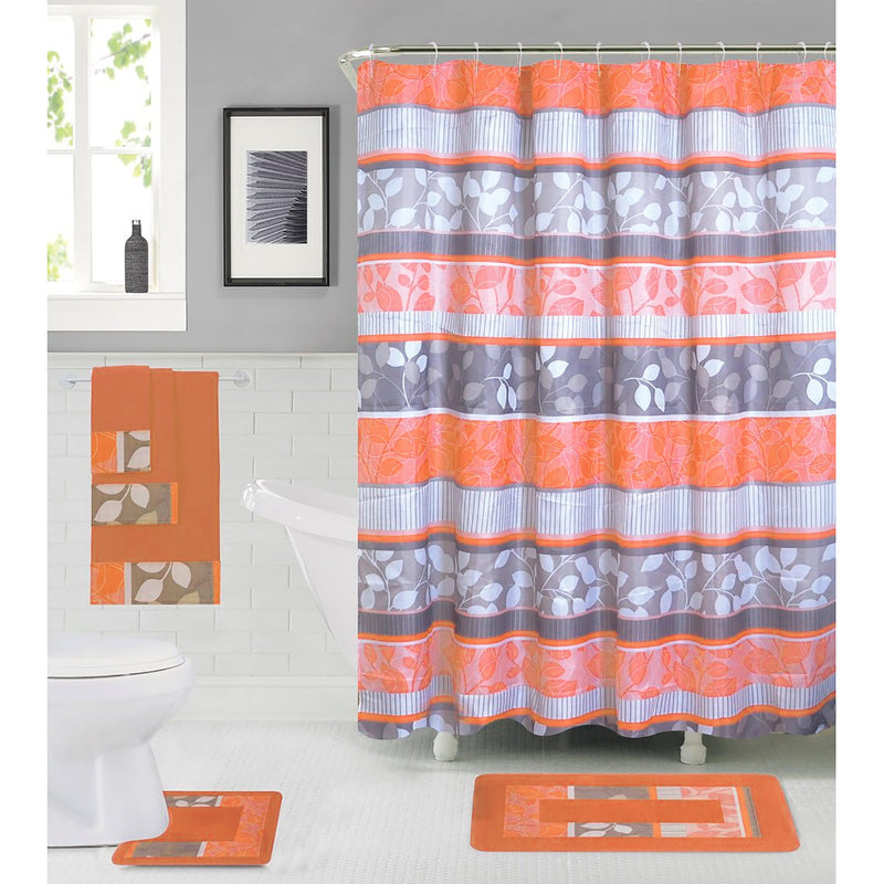 Junia 18 Piece Leaf Banded Bath Rug, Shower Curtain and Towel Set, Pink