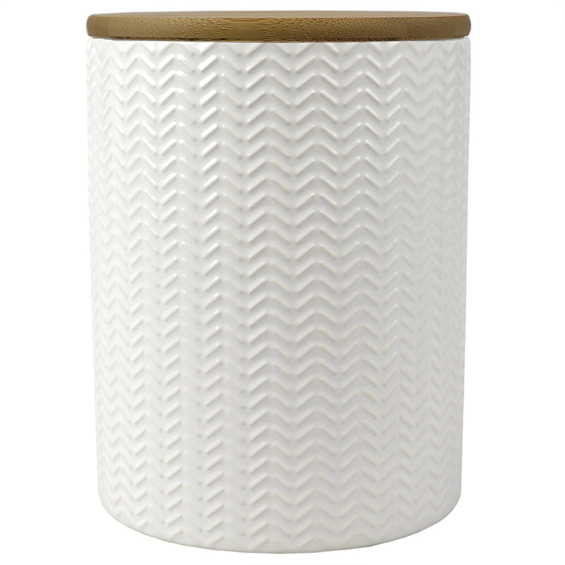 Home Basics Wave Ceramic Canister With Bamboo Lid, White, Medium, 5x6.5 Inches