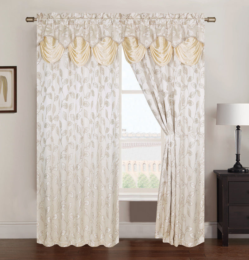 Brenda Jacquard Rod Pocket Panel With Attached Valance, Beige, 54x84 Inches