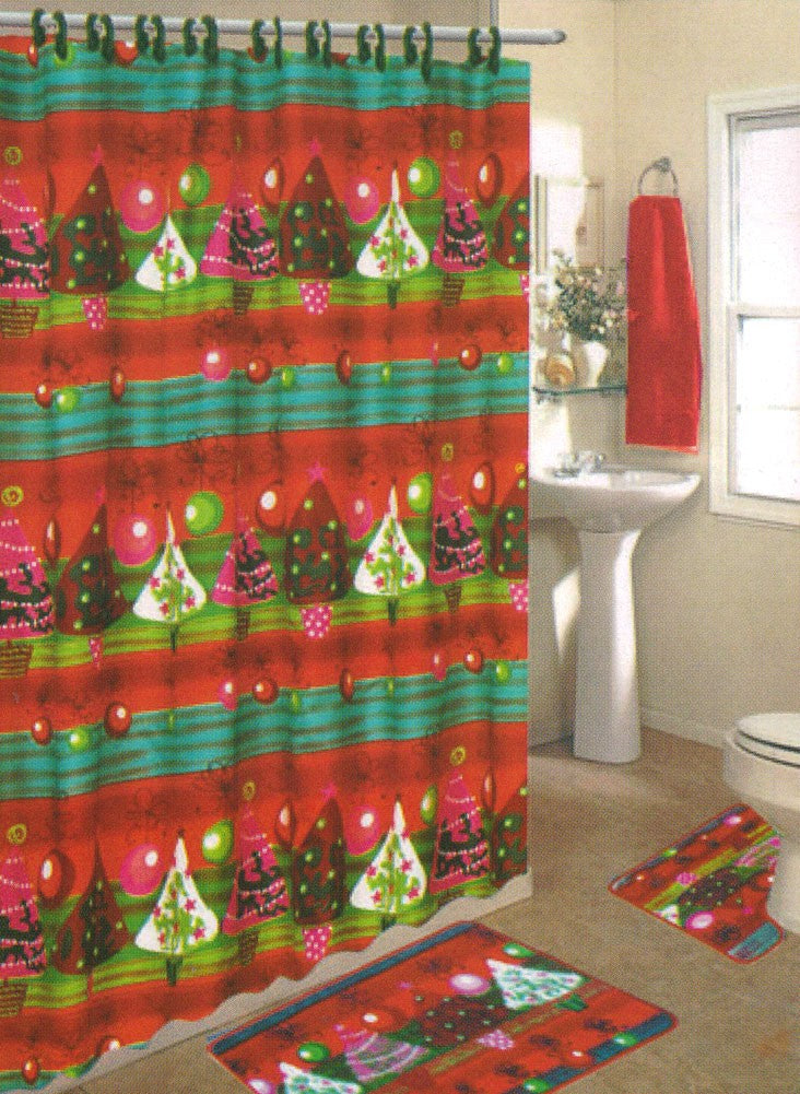 Christmas Santa Hat Printed 15-Piece Bath Rug Set, Red-Green, 18x30
