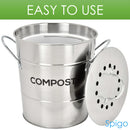 Spigo Steel Kitchen Compost Bin With Vented Charcoal Filter and Bucket, Satin Silver, 1 Gallon