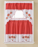 Christmas Poinsettia Embroidered Kitchen Curtain and Valance Set, Red, 60x36 Inches