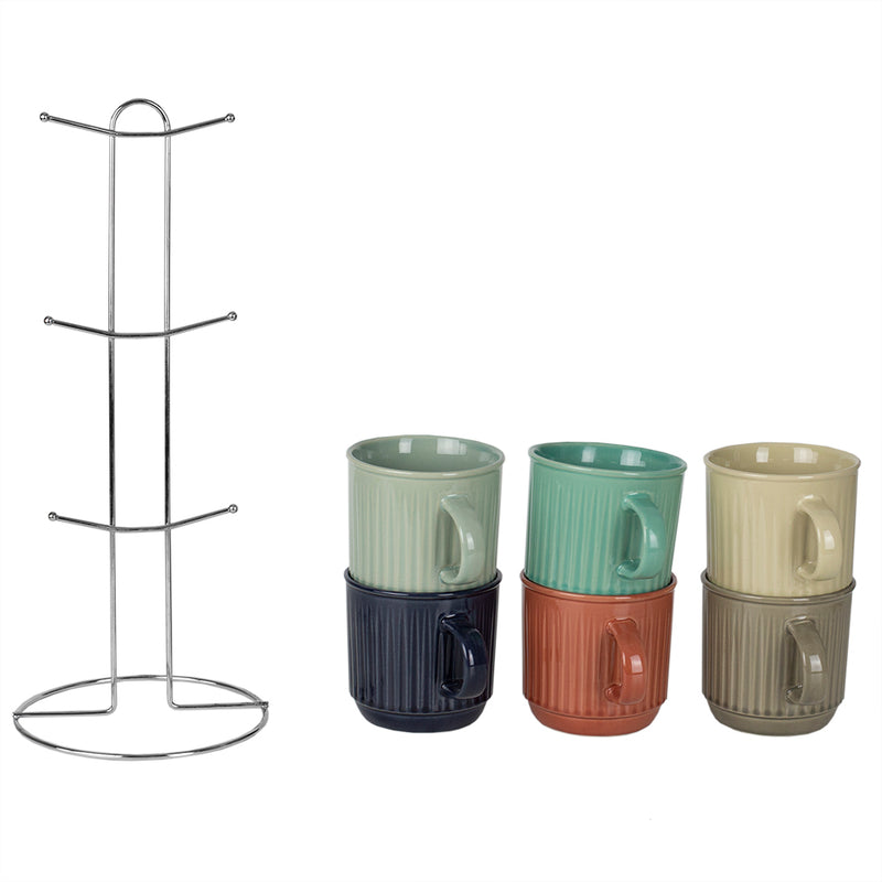 Home Basics 6-Piece Stoneware Mug Set With Chrome Stand, Multi, 11 Ounces