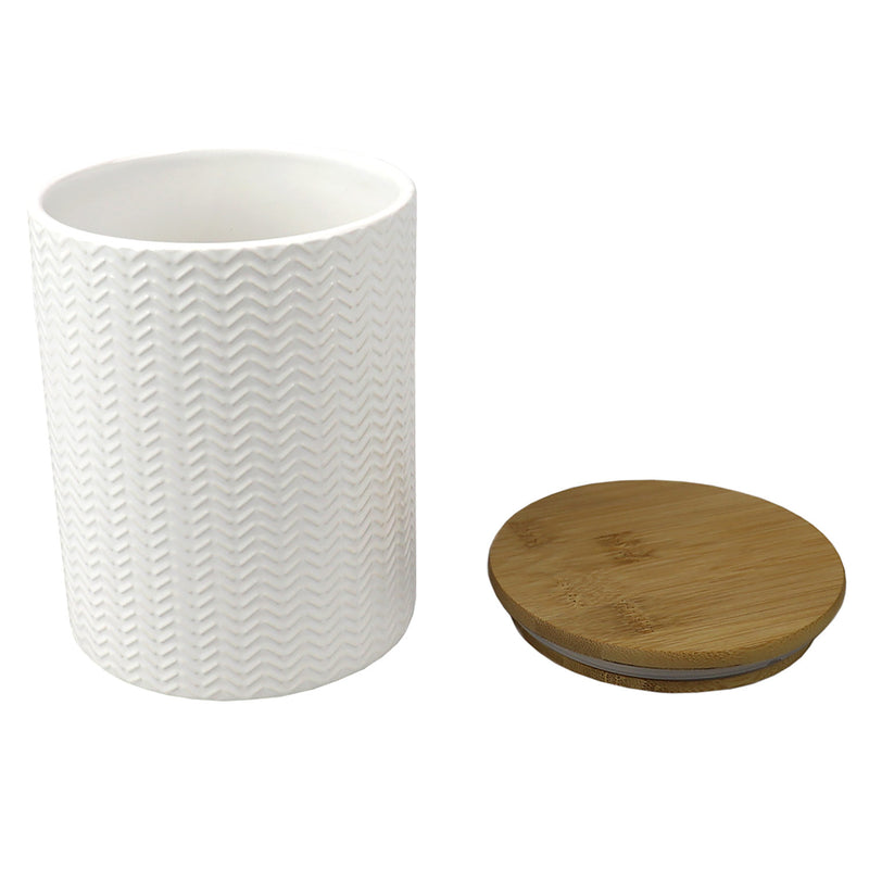 Home Basics Wave Ceramic Canister With Bamboo Lid, White, Medium, 5x6.5 Inches