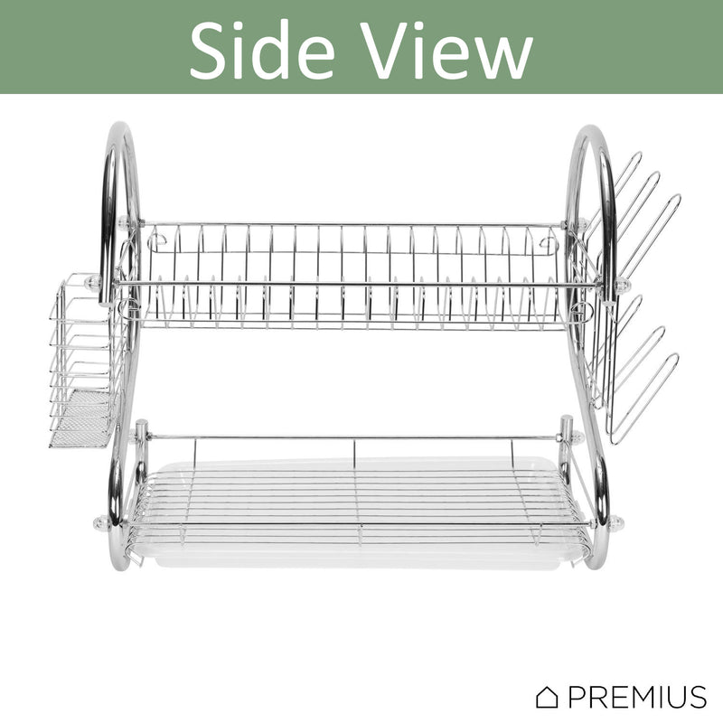 Premius 2-Tier Chrome Finish S-Shape Dish Rack With Removable Drainage Tray and Cutlery Holder, 16x9.75x15 Inches