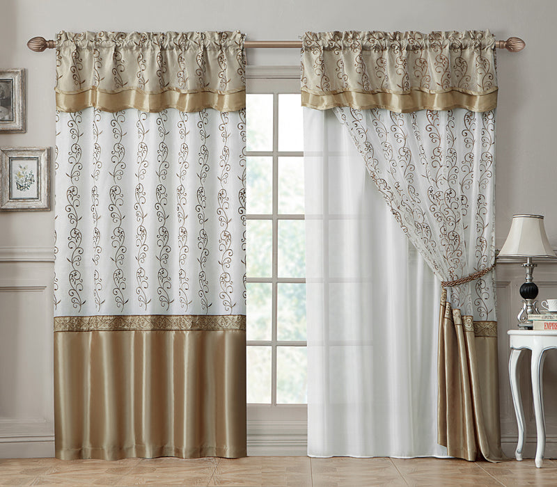 Violette Embroidered Rod Pocket Window Panel With Valance and Backing, Beige-Gold, 55x90 Inches