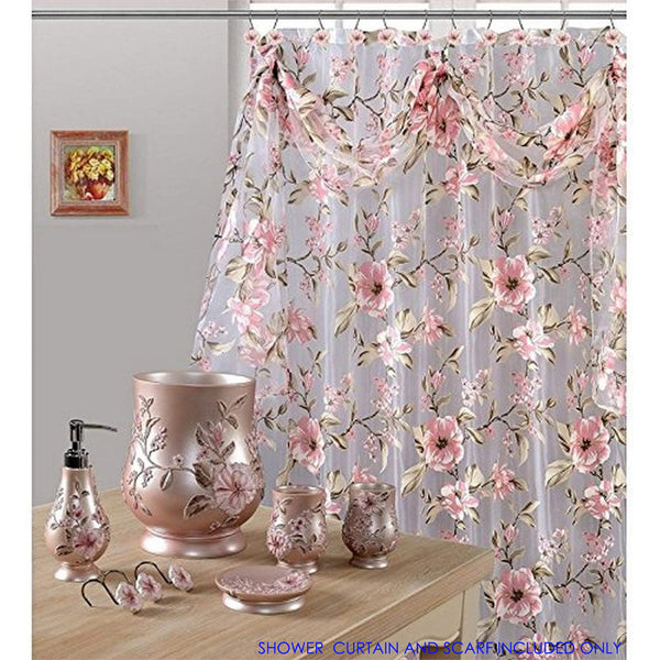 Melrose Sheer Printed Floral Shower Curtain with Scarf, Pink, 70x72 Inches