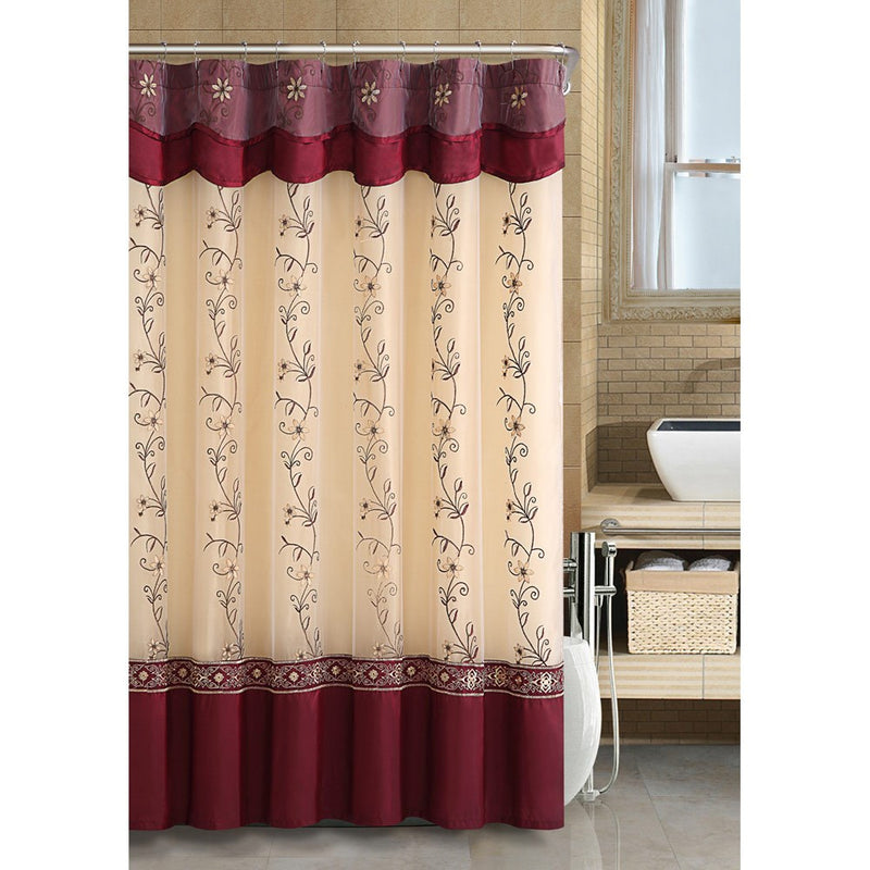 Daphne Embroidered Shower Curtain With Attached Valance & Backing, Burgundy, 72x72