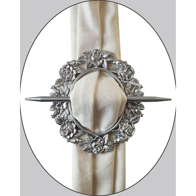 Premius Rose Oval Decorative One Pair Of Curtain Tie Back, Silver, 7x8 Inches