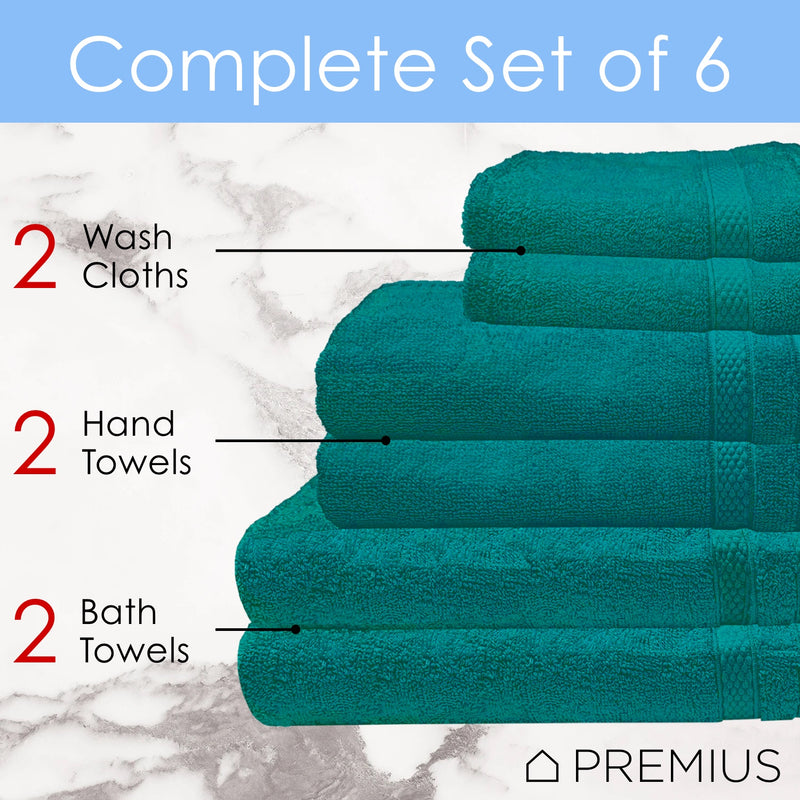 Premius Premium 6-Piece Combed Cotton Bath Towel Set, Teal Green