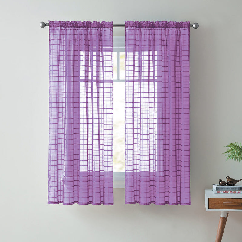 Lisa Plaid Sheer Rod Pocket Panel, Purple, 55x63 Inches