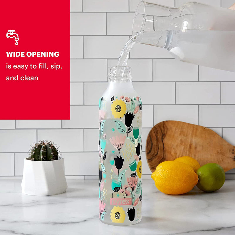 Pyrex Color Changing Glass Water Bottle with Silicone Coating, Florals Bold, 17.5 Ounces