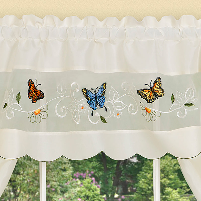 Daisy Meadow Embellished Embroidered Kitchen Curtain Set, White, 58x36 Inches