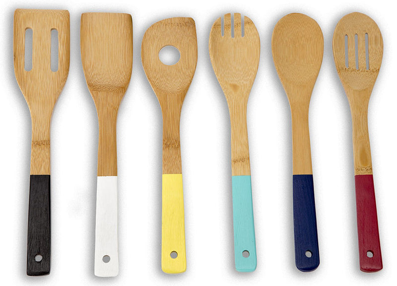 Home Basics Bamboo Wooden Cooking Utensils, Set of 6, Muli-Colored Handles