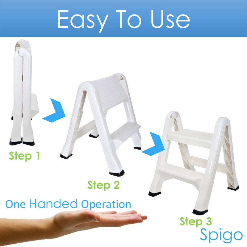 Spigo Heavy Duty 2-Tier Folding Step Stool Ladder, White, 22.5x20.5x19 Inches