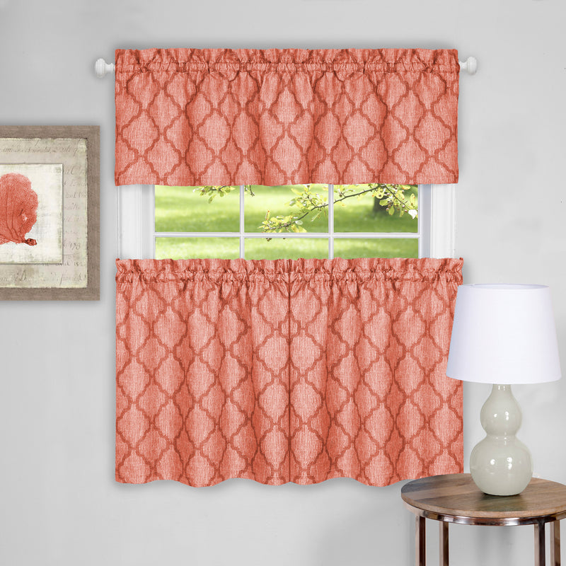 Colby 3-Piece Printed Kitchen Curtain Set, Orange, Tiers 58x36, Swag 58x14 Inches