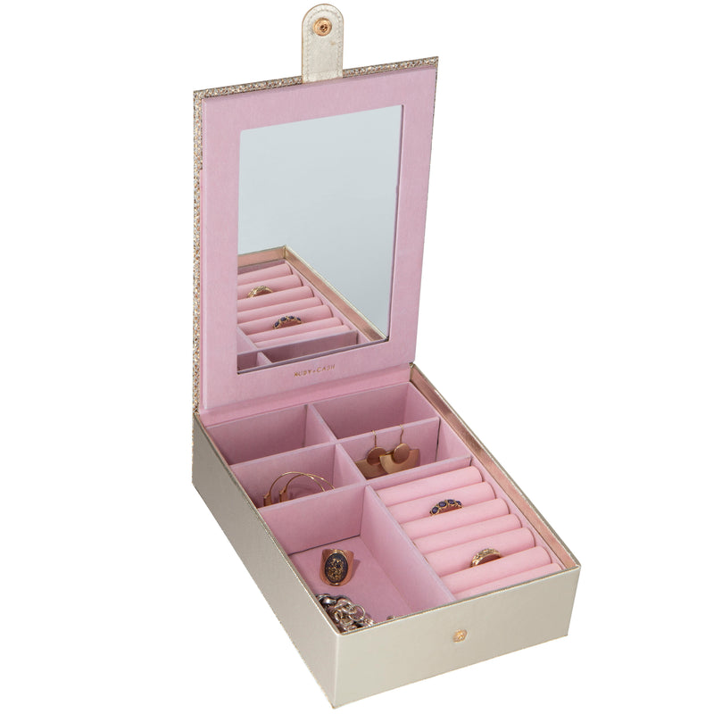 Ruby+Cash Multi Compartment Jewelry Organizer Box with Vanity Mirror, Gold