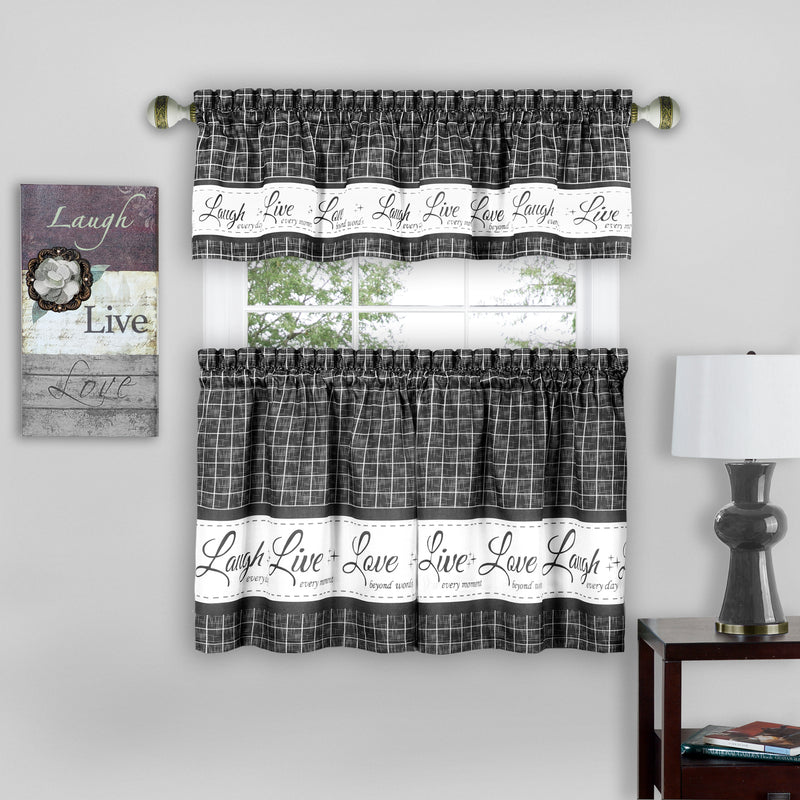 Live Laugh Love 3-Piece Kitchen Curtain Set, Charcoal, Tiers 58x36, Swag 58x14 Inches