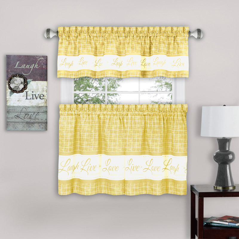 Live Laugh Love 3-Piece Kitchen Curtain Set, Yellow, Tiers 58x36, Swag 58x14 Inches