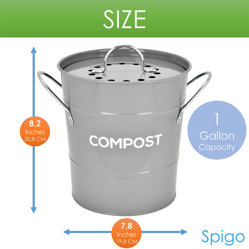 Spigo Steel Kitchen Compost Bin With Vented Charcoal Filter and Bucket, Grey, 1 Gallon