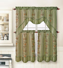 Daphne 3-Piece Embroidered Kitchen Curtain Swag And Tier Set, Sage, 57x36 Inches