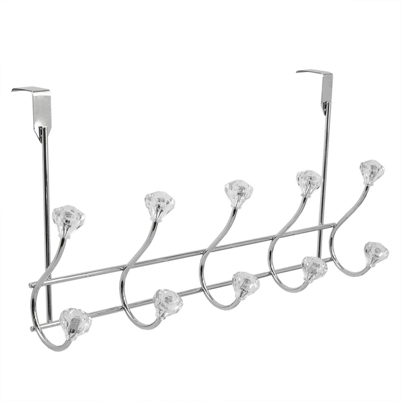 Home Basics Crystal Shaped Over-The-Door 5-Hook Hanging Rack, Silver, 17.5x3.5x10 Inches