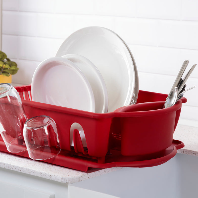 Sterilite 2-Piece Dish Drainer Sink Set, Red, 17.6x13.25x5.6 Inches