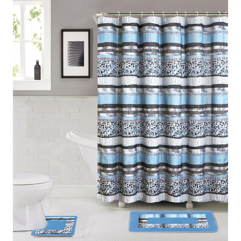 Mosaic 15 Piece Banded Bathroom Mats and Shower Curtain Set, Blue