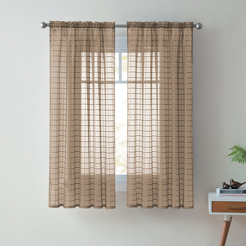 Lisa Plaid Sheer Rod Pocket Panel, Taupe, 55x63 Inches