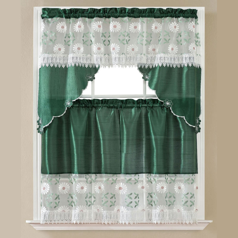 Vanka 3-Piece Daisy Embroidered Kitchen Curtain Set With Swag Valance, Green, 60x36 Inches