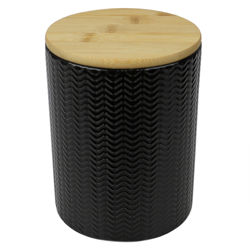 Home Basics Wave Ceramic Canister With Bamboo Lid, Black, Medium, 5x6.5 Inches
