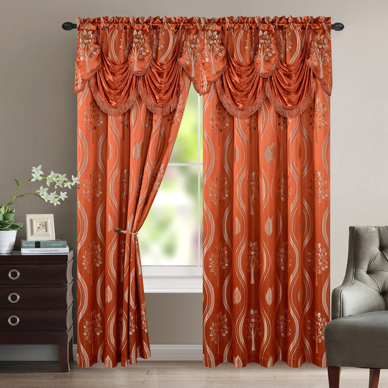 Aurora Tree Leaf Jacquard Window Panel with Attached Valance, Rust, 54x84 Inches