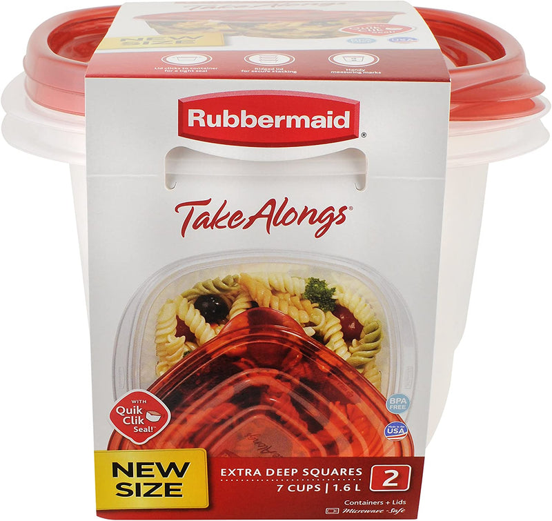Rubbermaid TakeAlongs Deep Squares Food Storage Containers, 7 Cup, Chili Tint, 2 Pack