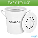 Spigo Steel Kitchen Compost Bin With Vented Charcoal Filter and Bucket, White, 1 Gallon