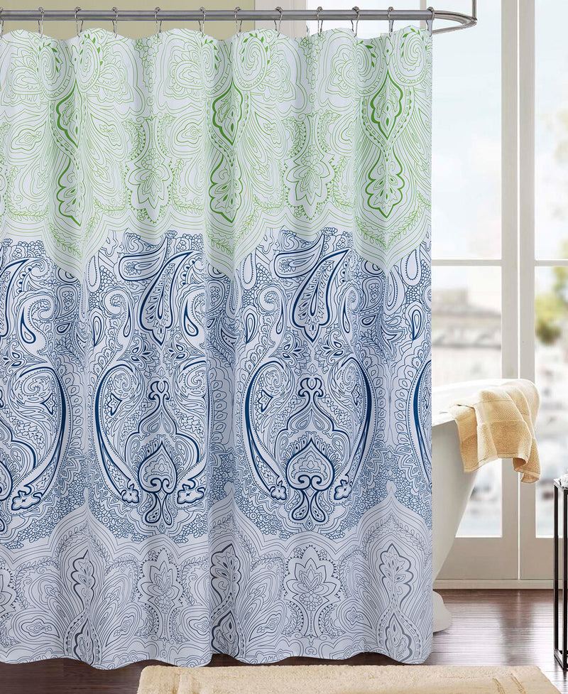 Cordova 13-Piece Printed Shower Curtain Set With Hooks, Blue, 70x72 Inches