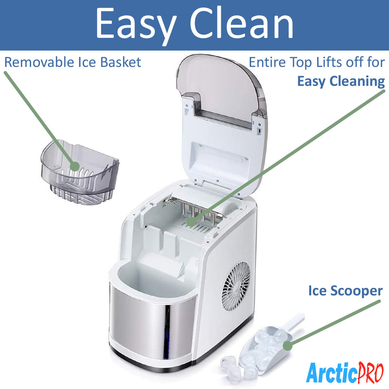 Arctic-Pro Easy Clean Flip-Top Lid Portable Ice Maker, White-Stainless Steel